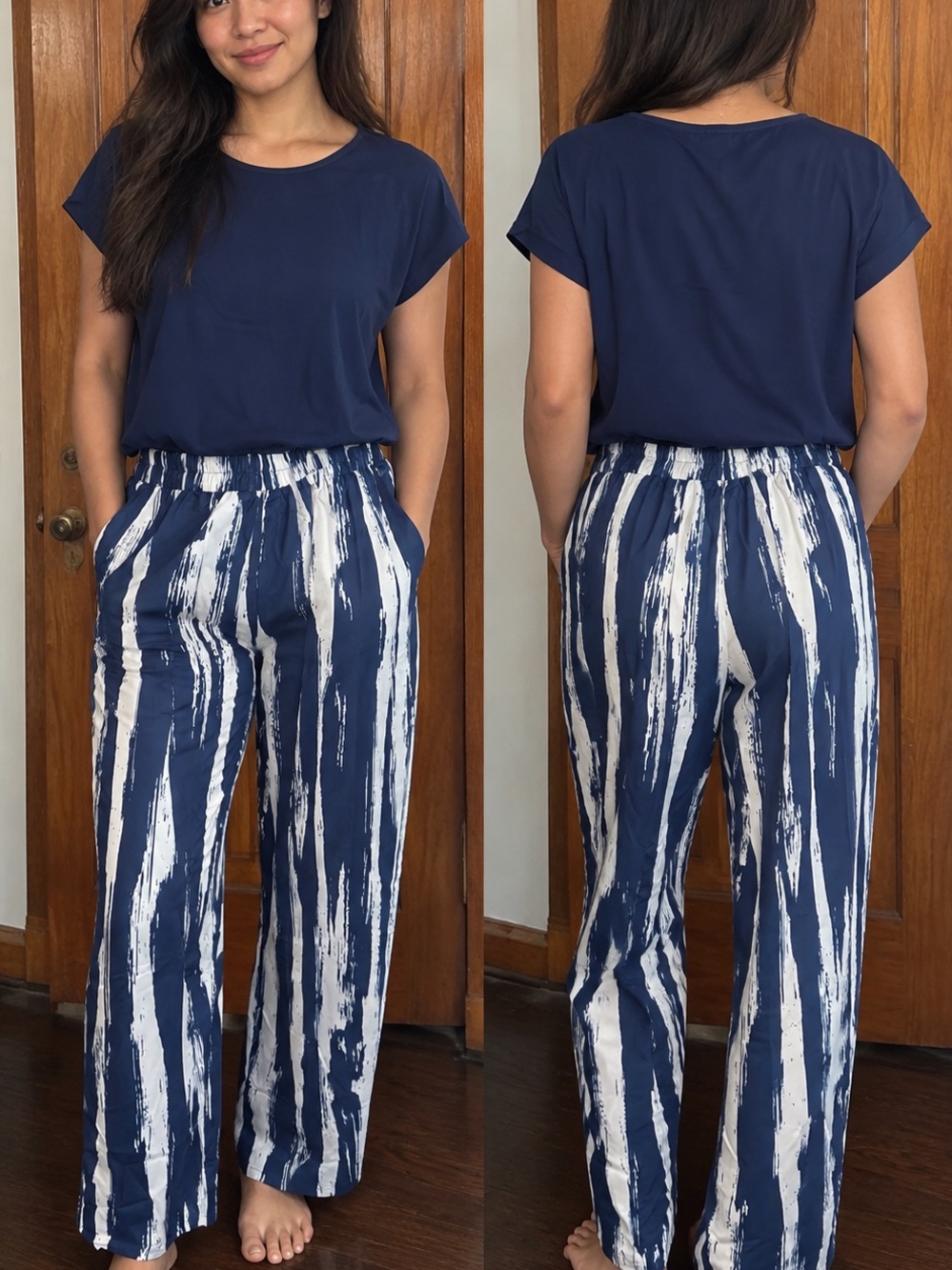 Navy Tee & Blue/White Brushstroke Print Wide-Leg Pants Set - Picture 2 of 13